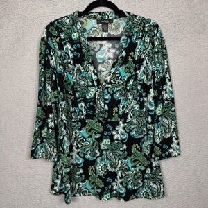 Style & Co Top Womens‎ 1X Green Paisley Tunic Stretch Office Career Boho Mature